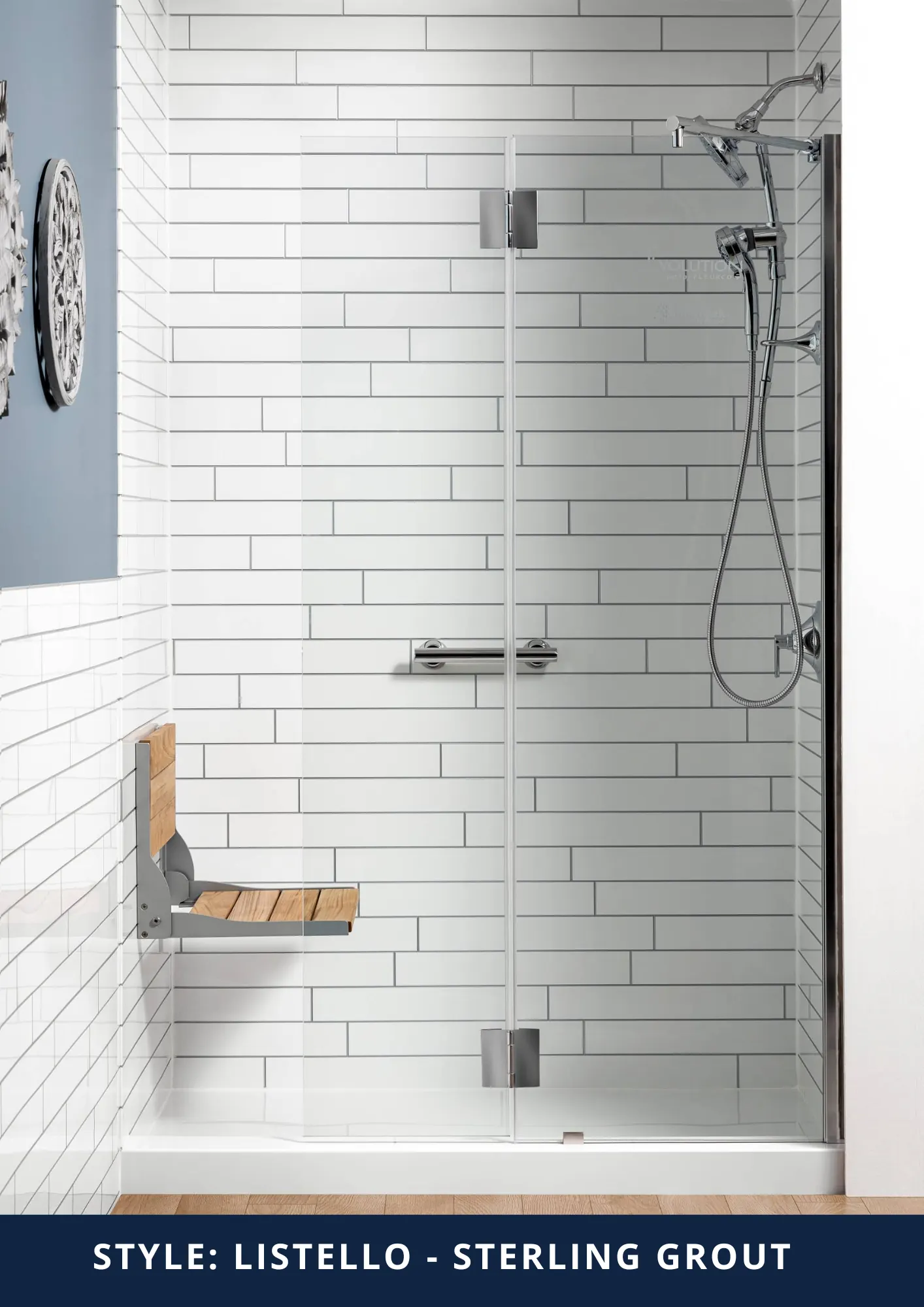 Acrylic shower wall panels, Listello Sterling style — Listello Sterling Accessible Setup — the Kawarthas, Ontario