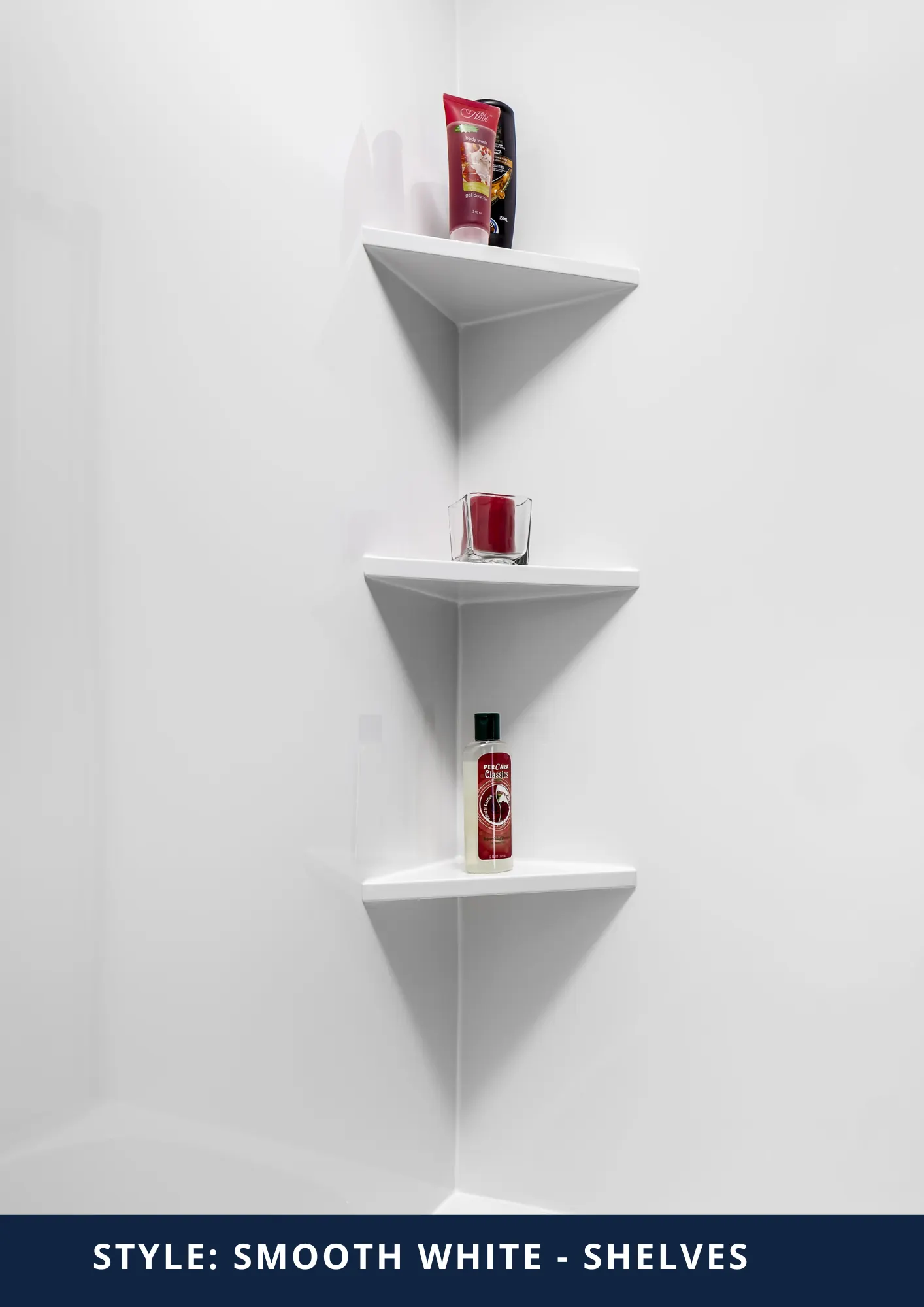 Acrylic shower wall panels, Smooth White - Shelves style — Smooth White Corner Shelves Detail — Peterborough, Ontario