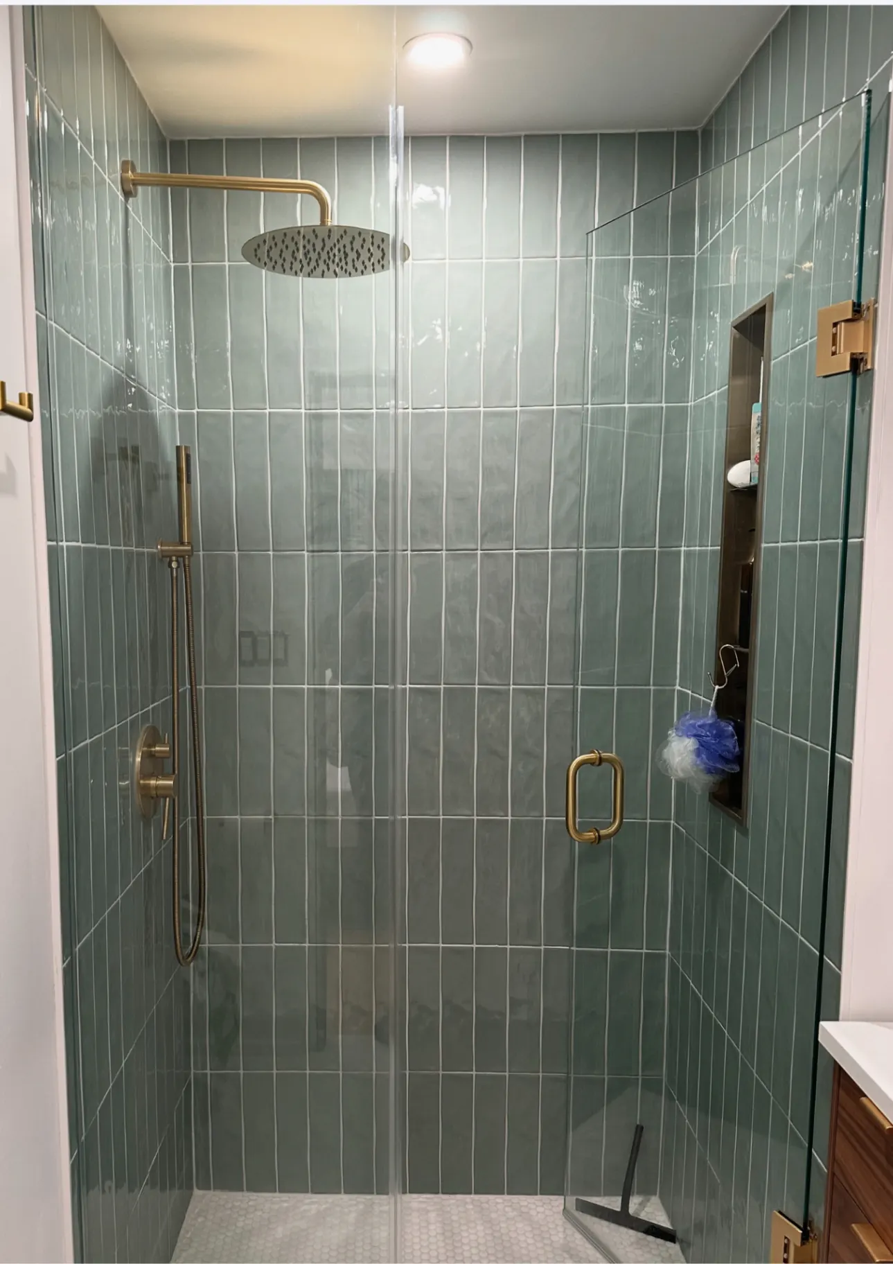 Walk-in shower — Custom Green Tile Walk-In Shower — Peterborough, Ontario