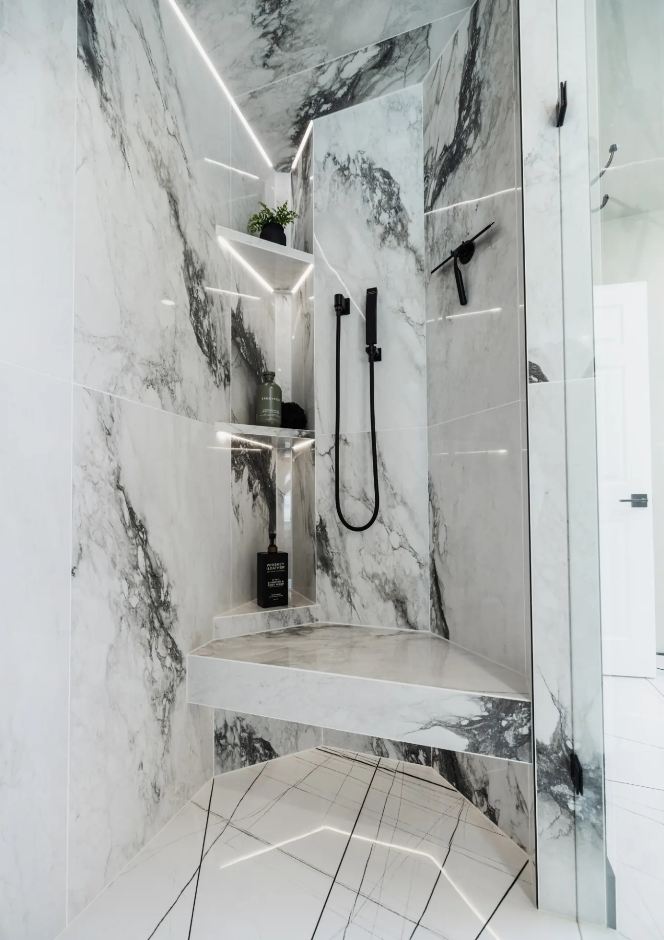 Walk-in shower — Marble Shower Niche with LED Lighting — Peterborough, Ontario