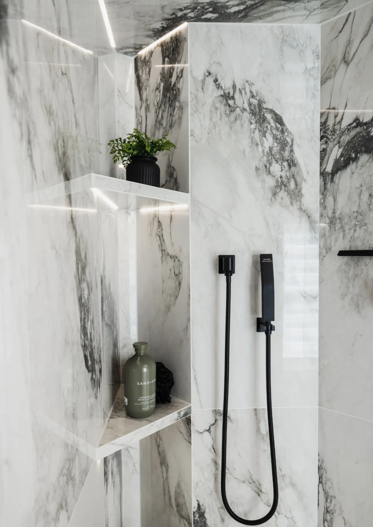 Walk-in shower — Marble Shower Shelf & Fixture Detail — Peterborough, Ontario