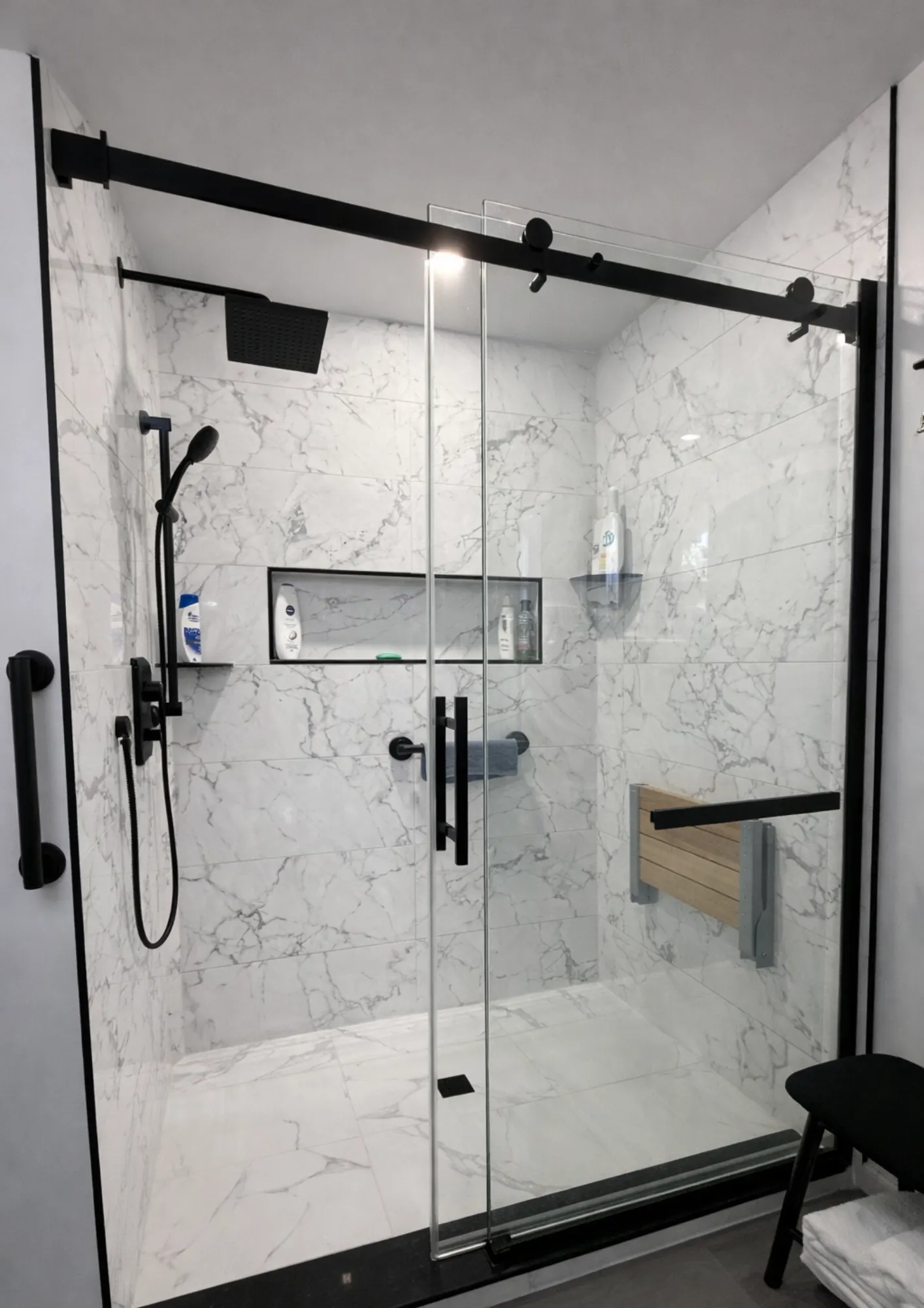 Walk-in shower — Matte Black Marble Shower Interior — Peterborough, Ontario