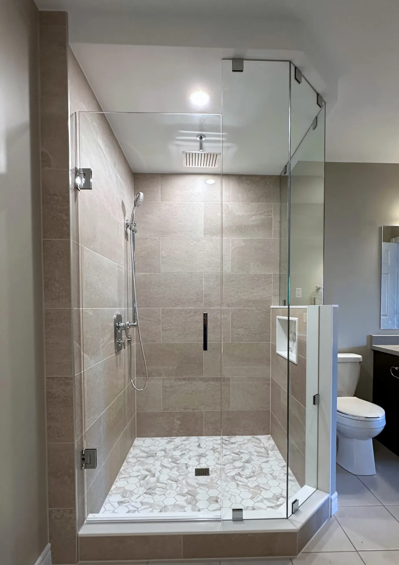 Walk-in shower — Frameless Beige Tile Walk-In Shower — Peterborough, Ontario