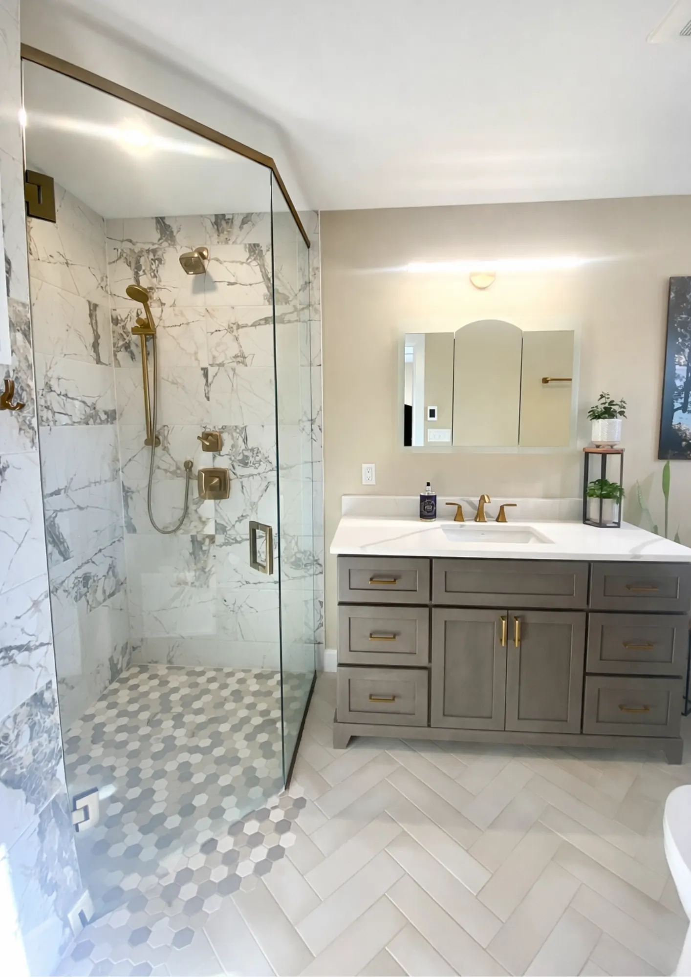 Bathroom renovation — Vanity and Glass Shower with Brass Accents — Peterborough, Ontario