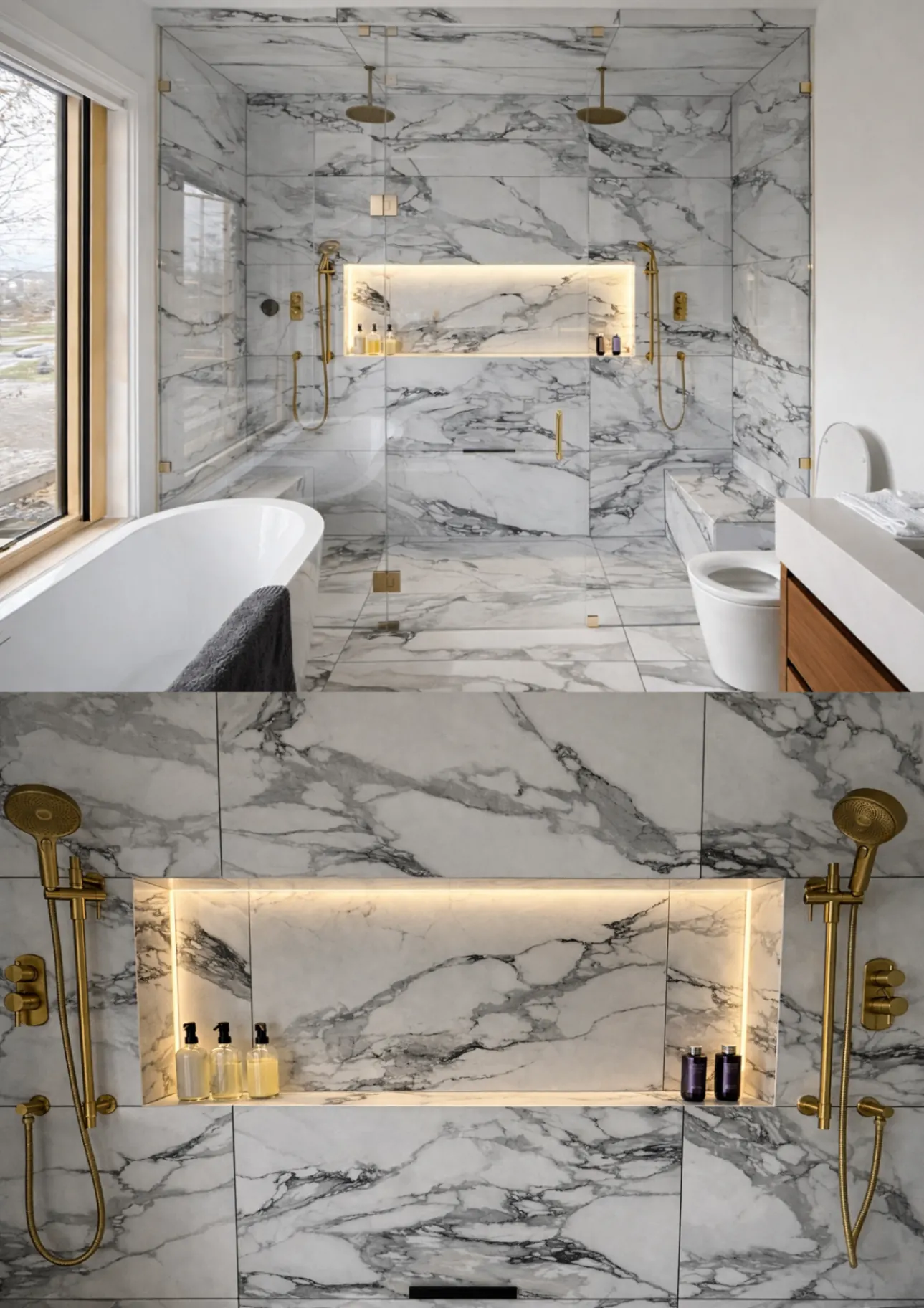 Walk-in shower — Double Rainhead Marble Shower Feature Wall — Peterborough, Ontario