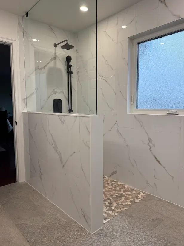 Walk-in shower — Marble Half-Wall Walk-In Shower — Peterborough, Ontario
