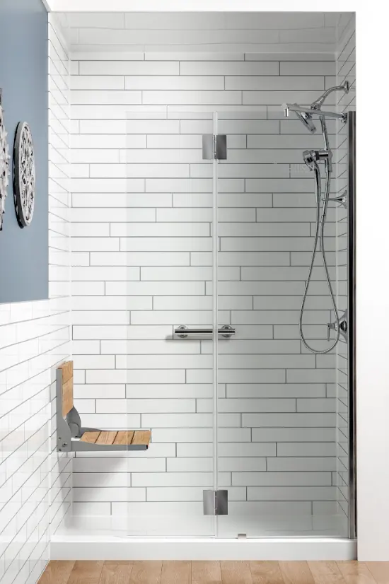 Accessible walk-in shower — White Subway Shower with Teak Fold-Down Seat — Peterborough, Ontario